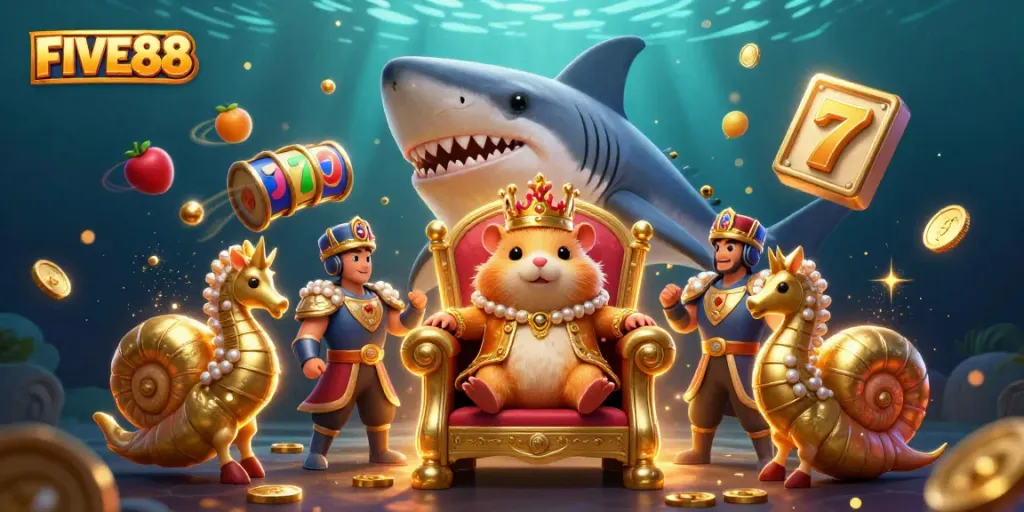 Experience thrilling jackpots at FIVE88 with a vibrant underwater casino scene featuring animated slot reels and colorful symbols.