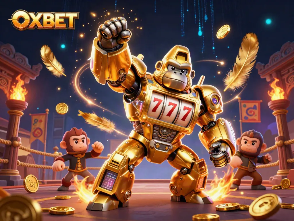 Engage with thrilling OXBET gameplay featuring a golden gorilla mech, vibrant slots, and dynamic casino elements.