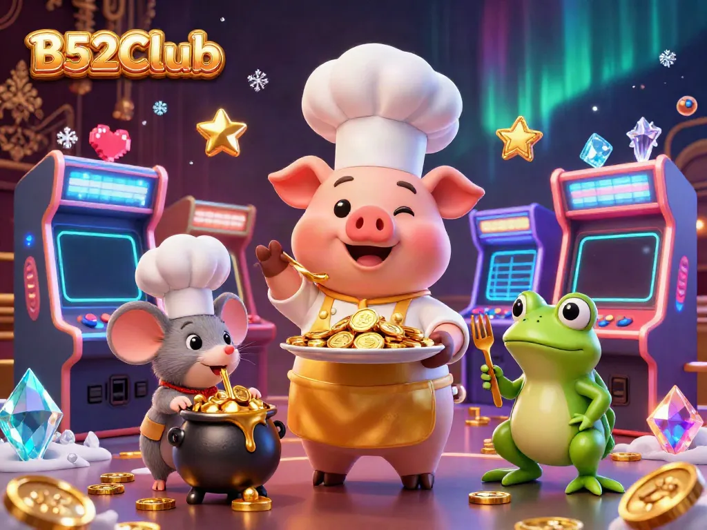 B52CLub's bustling casino scene with a chef pig, sous-chef mouse, and critic frog amidst golden coins and arcade elements.