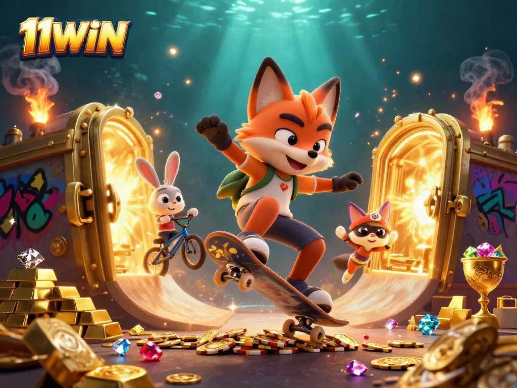 Experience thrilling gameplay at 11WIN with cartoon characters celebrating big wins in a vibrant casino.