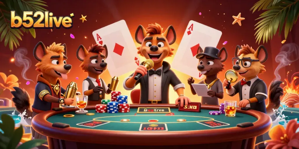 Engage in thrilling gaming at b52live with cartoon hyenas hosting a vibrant casino atmosphere.