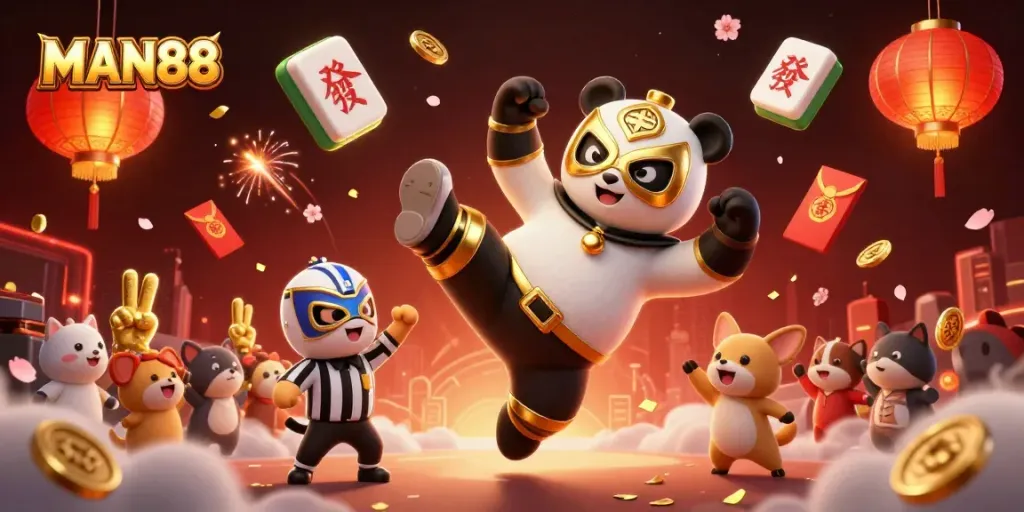 Experience thrilling action at MAN88 with a panda wrestler flying for victory amid vibrant casino elements.