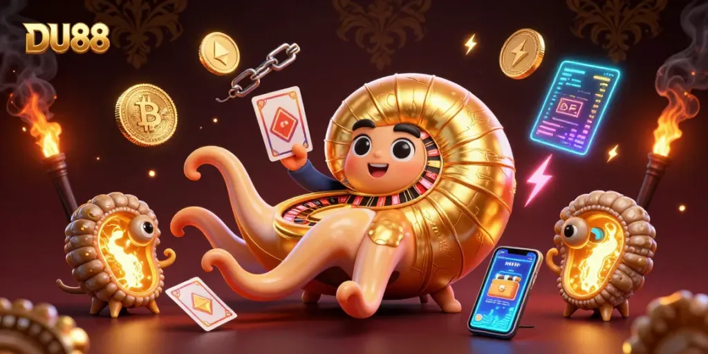 DU88 players engage with a vibrant casino scene featuring a giant nautilus roulette wheel and glowing crypto coins.