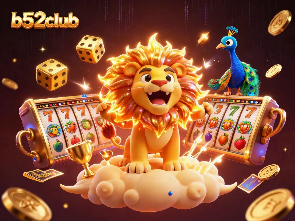 Battle with b52club's dynamic slot reels and golden dice in a vibrant casino scene.