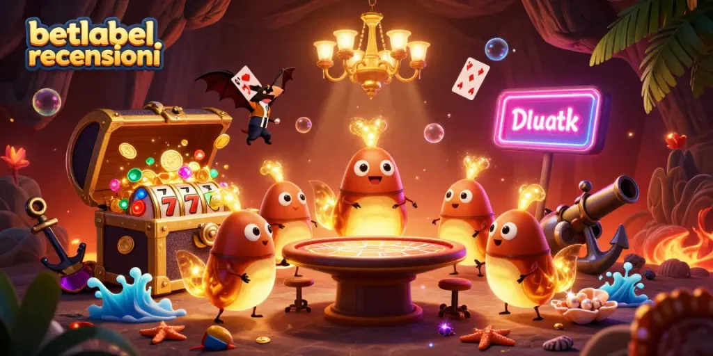 Engage with betlabel recensioni by exploring a vibrant casino scene with animated glowworms, gold treasures, and slot elements