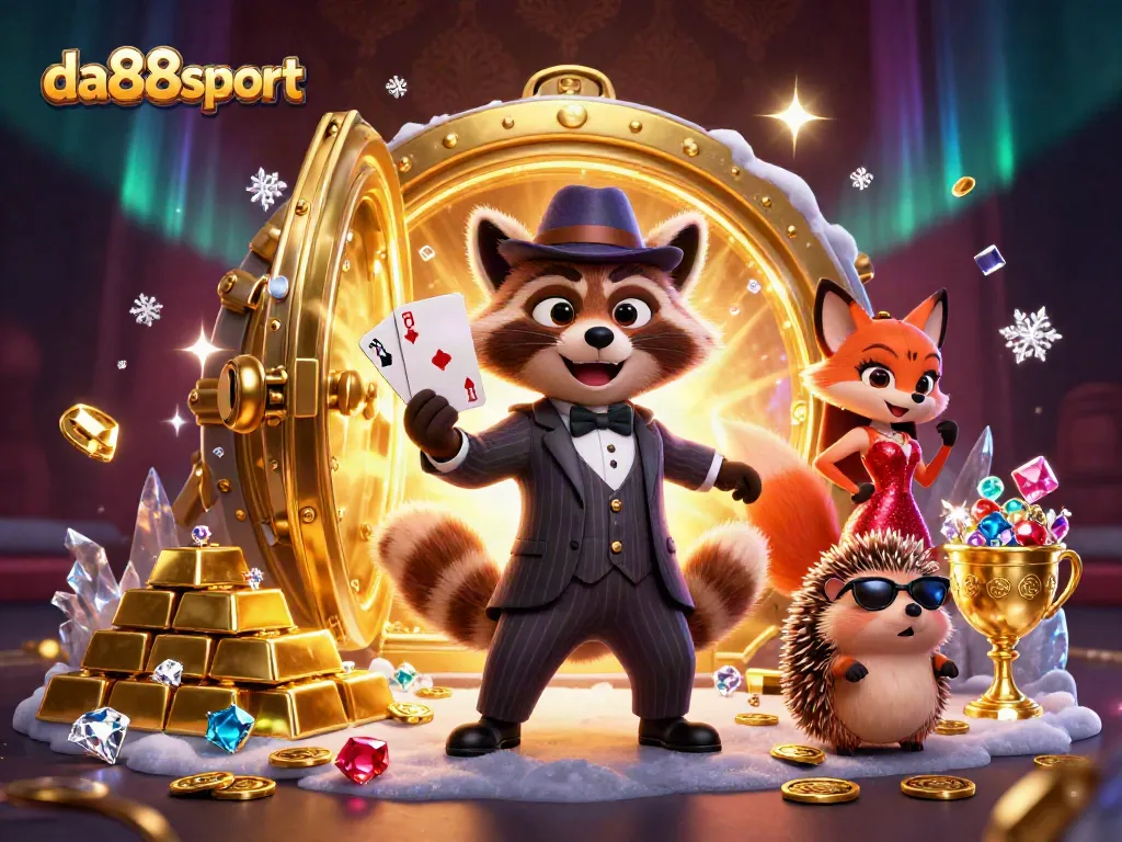 da88sport showcases a raccoon in a casino scene with a royal flush, surrounded by treasures.
