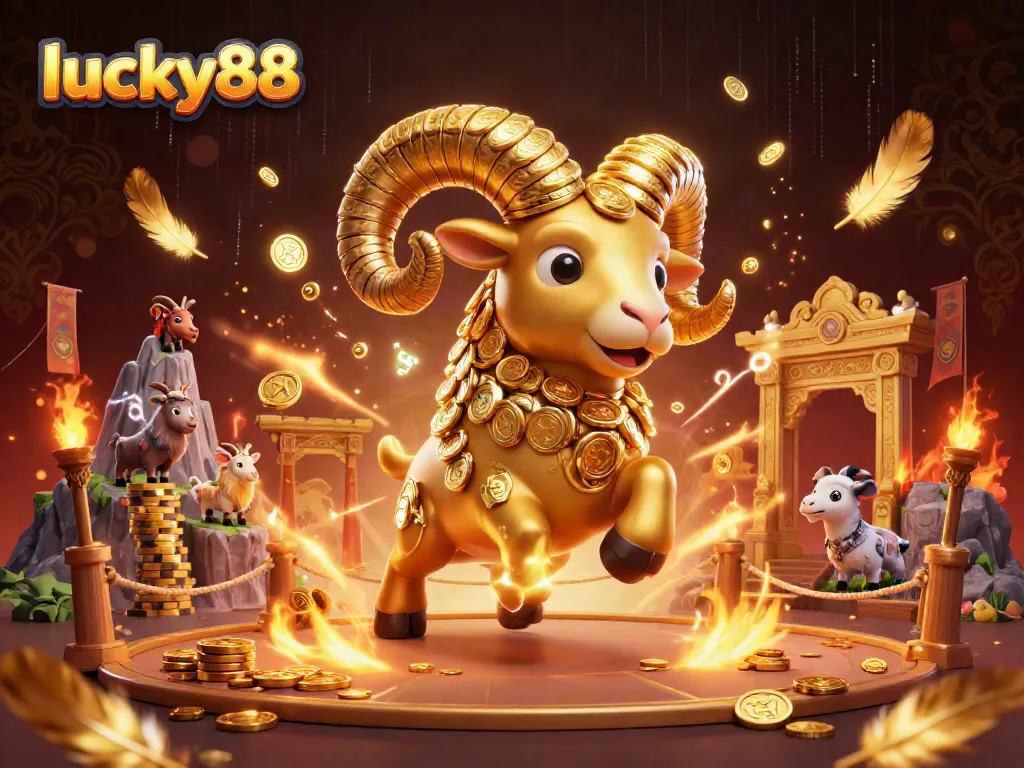 Immerse in the action of lucky88, where golden rams charge through a captivating casino backdrop filled with excitement.