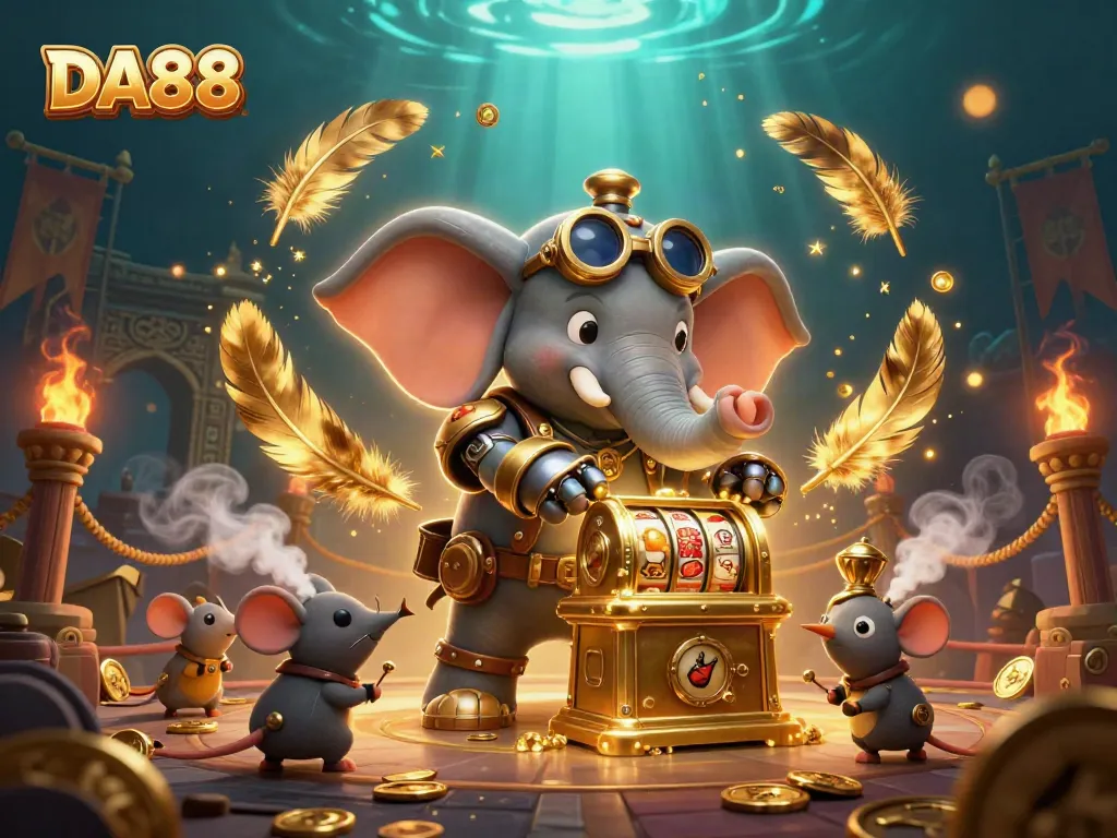 Experience thrilling wins at DA88 with a steampunk elephant operating a dynamic slot machine in a vibrant casino scene.