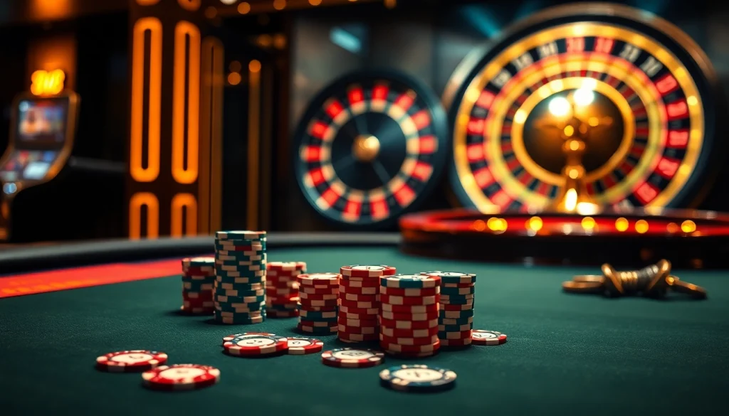 Experience the thrilling excitement of gambling at 888vi with a vibrant casino table featuring poker chips and cards.