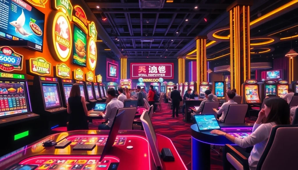 Exciting online gambling scene at MMOO with vibrant games, players, and luxury atmosphere.