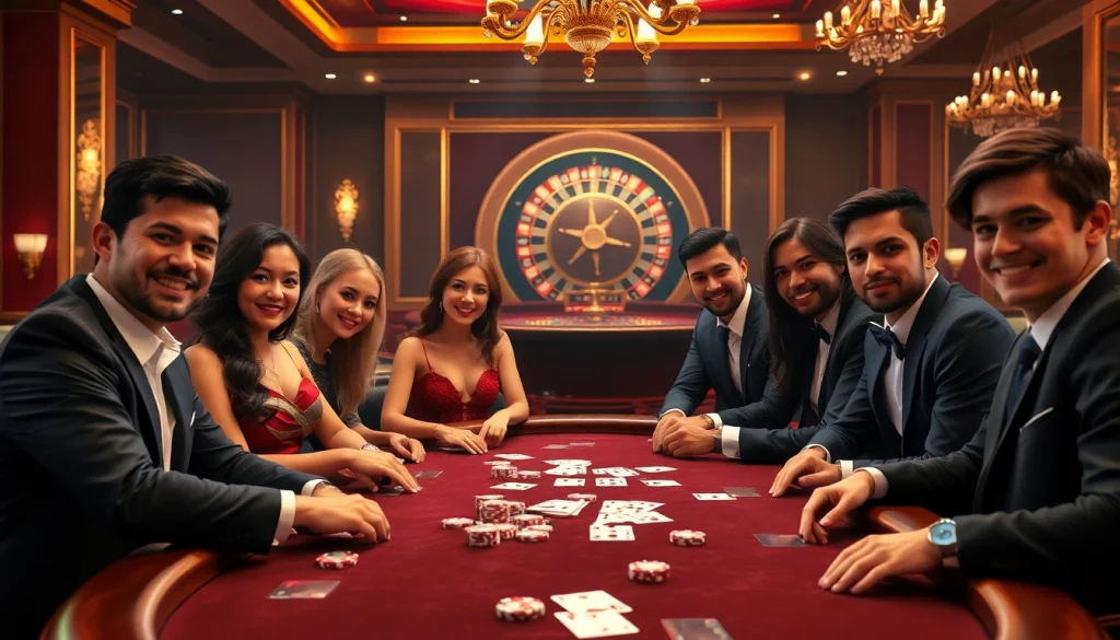 Players enjoying a thrilling poker game at 789win casino with vibrant decor and excitement.