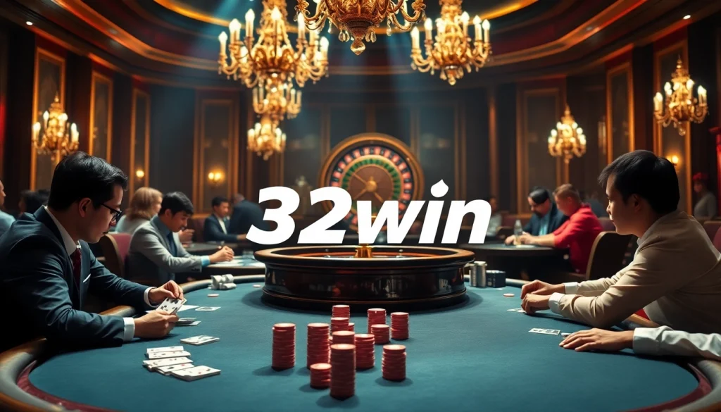 Experience exhilarating poker action at 32win with vibrant chips and cards showcased.