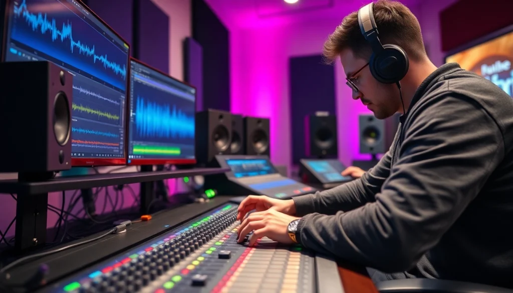 Engagement in online audio mastering depicted through a focused audio engineer in a studio.