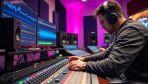 Engagement in online audio mastering depicted through a focused audio engineer in a studio.