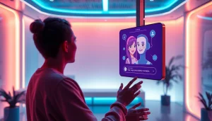 Engaging scene of a user chatting with a friendly AI avatar, showcasing the concept of sex AI chat in a futuristic tech space.