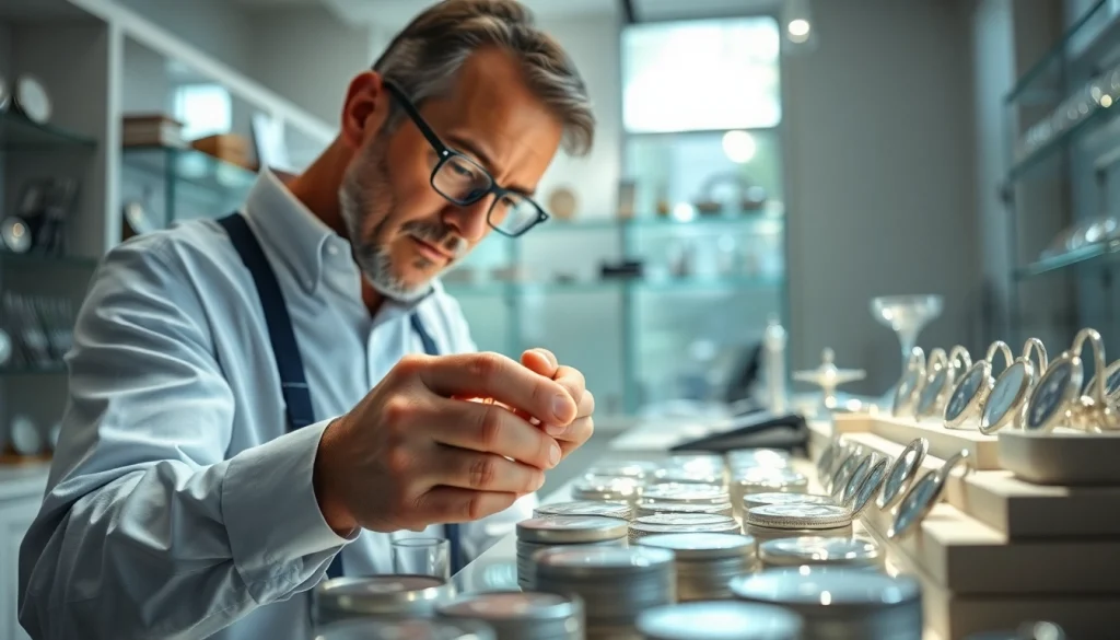 Valutazione di compro argento in un negozio luminoso con oggetti d'argento esposti.