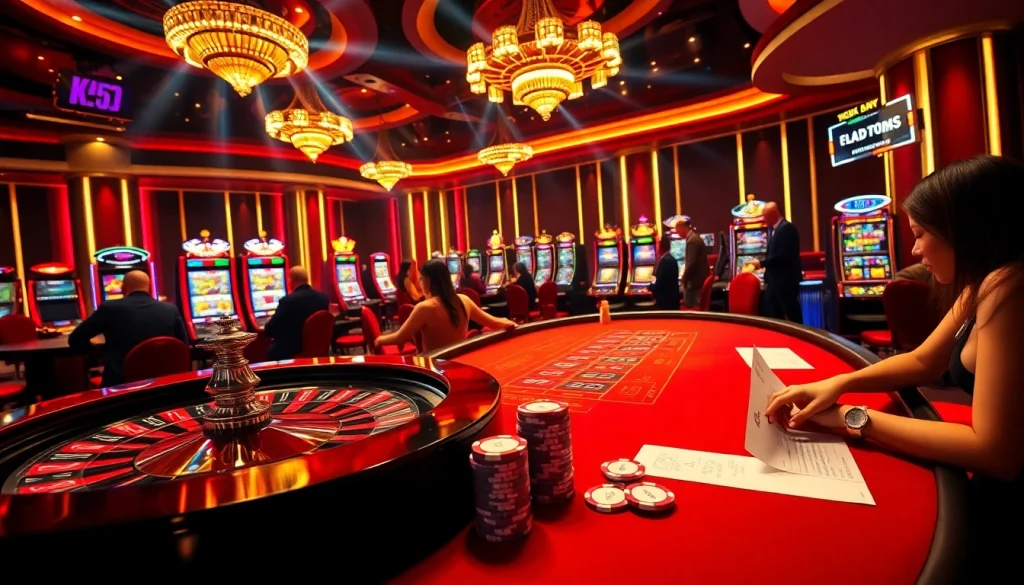 Players enjoy games with KK55 branded poker chips in a vibrant casino setting.