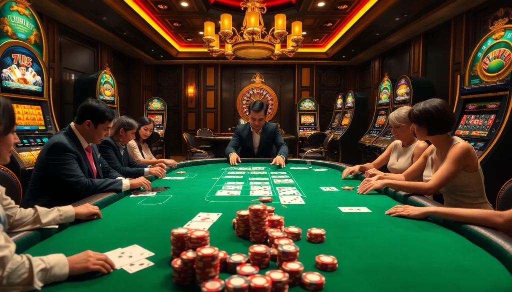 Casino c168 players engaging in an exciting poker game with vibrant chips and luxury atmosphere.