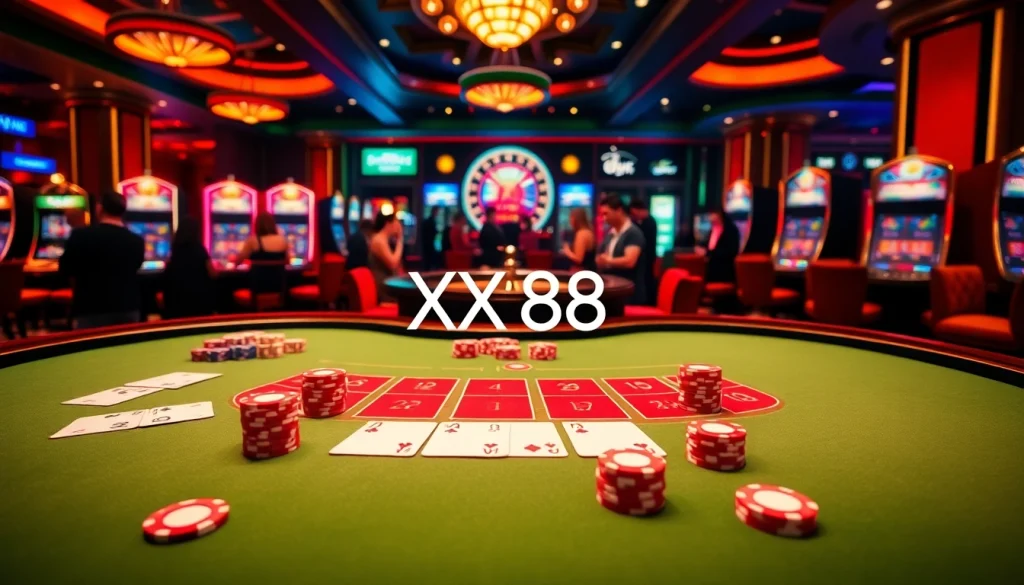 Players enjoying Baccarat at a luxury casino table with XX88 branding, capturing the thrill of gambling.