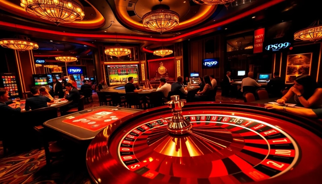 Players enjoying a vibrant PS99 casino experience with roulette and poker chips in view.