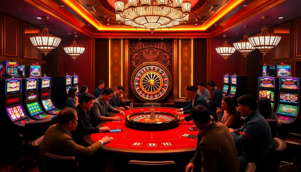 Engaging gambling scene at KK55 with vibrant slot machines and exciting poker action.