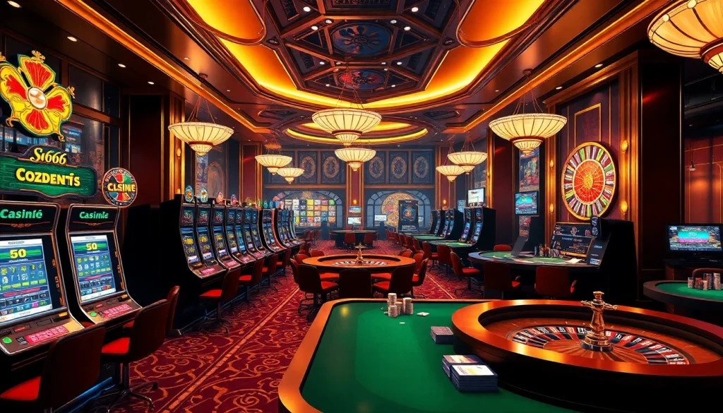 S666 đăng nhập experience at a luxurious casino featuring poker tables, slot machines, and roulette wheels.
