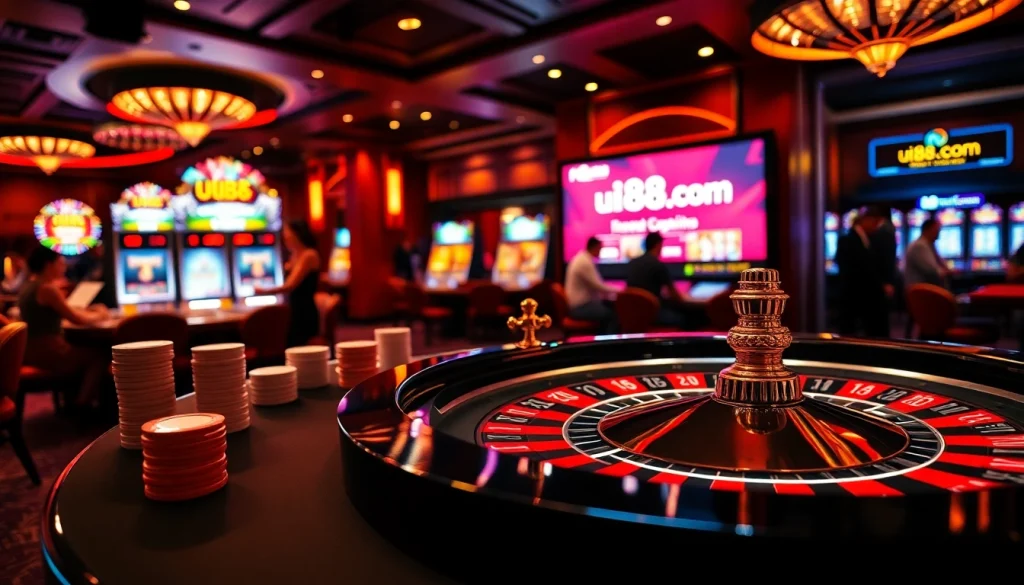 Exciting gambling activities at uu88.com casino with poker chips and roulette table.