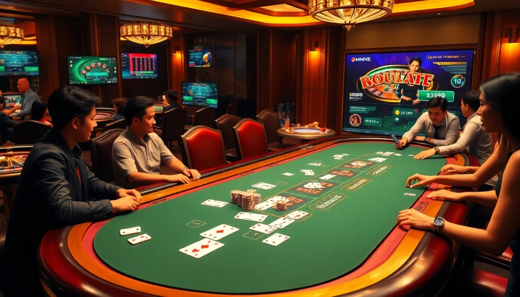 Players engaging in Game bài đổi thưởng at a luxurious casino table filled with cards and chips.