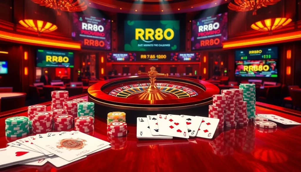 RR88 casino scene featuring a roulette wheel, vibrant poker chips, and playing cards for online gambling enthusiasts.