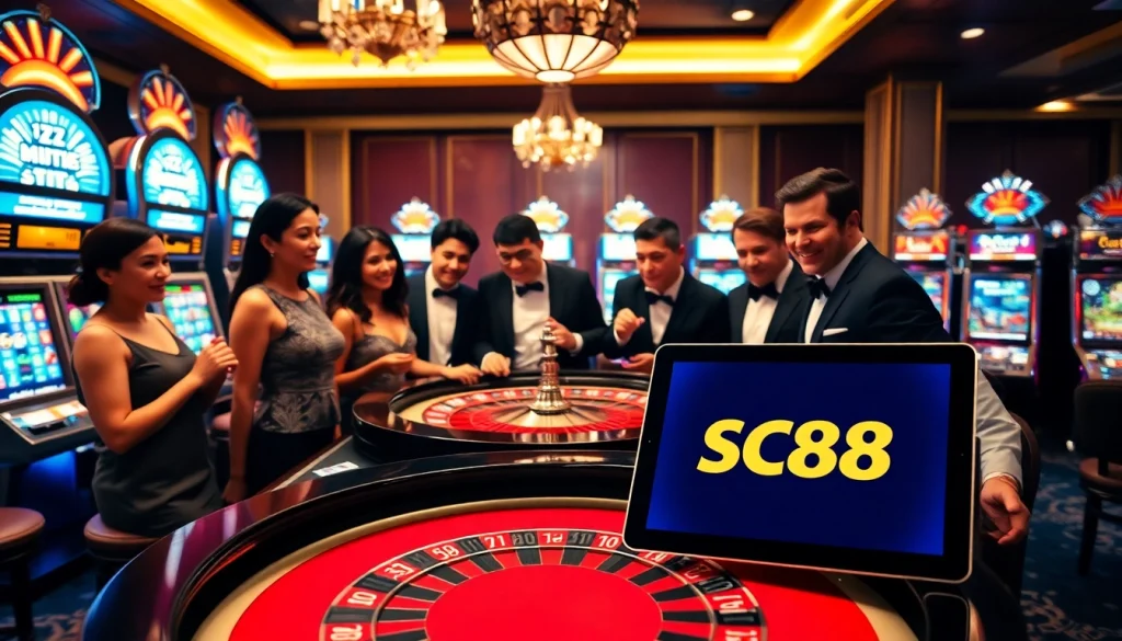 Experience the excitement of SC88 with players at a dynamic roulette table in a luxurious casino setting.