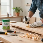 Applicazione di antitarlo ecologico in un laboratorio luminoso con attrezzi e pezzi di legno.