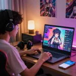 Engaging hentai ai chat setup with a user interacting with a lifelike anime character on laptop.
