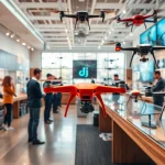 Rivenditore dji showcasing innovative drone models in a vibrant showroom with engaging staff.
