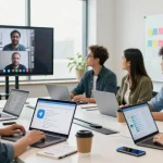 Download Telegram on multiple devices with a diverse team collaborating in a modern office setting, showcasing vibrant teamwork.